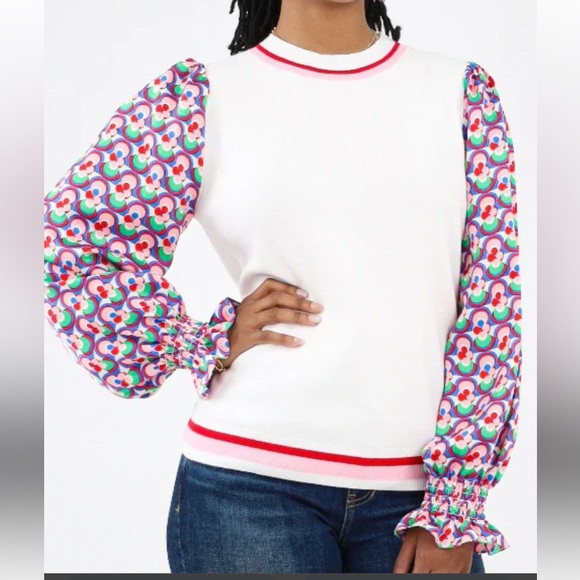 FATE Anthropologie Crew Neck White Sweater with Silky Patterned Sleeves Sz M - Picture 2 of 12